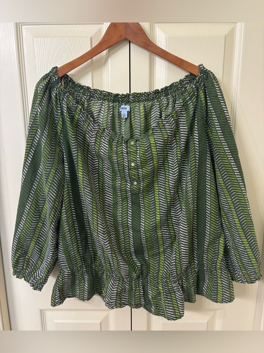 Izod Green Striped Off-Shoulder Peasant Top(L)
